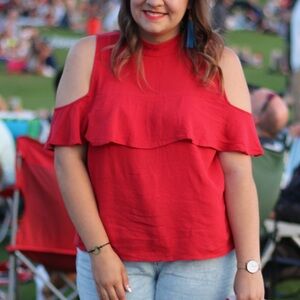 BP. Ruffle Cold Shoulder Top in Red